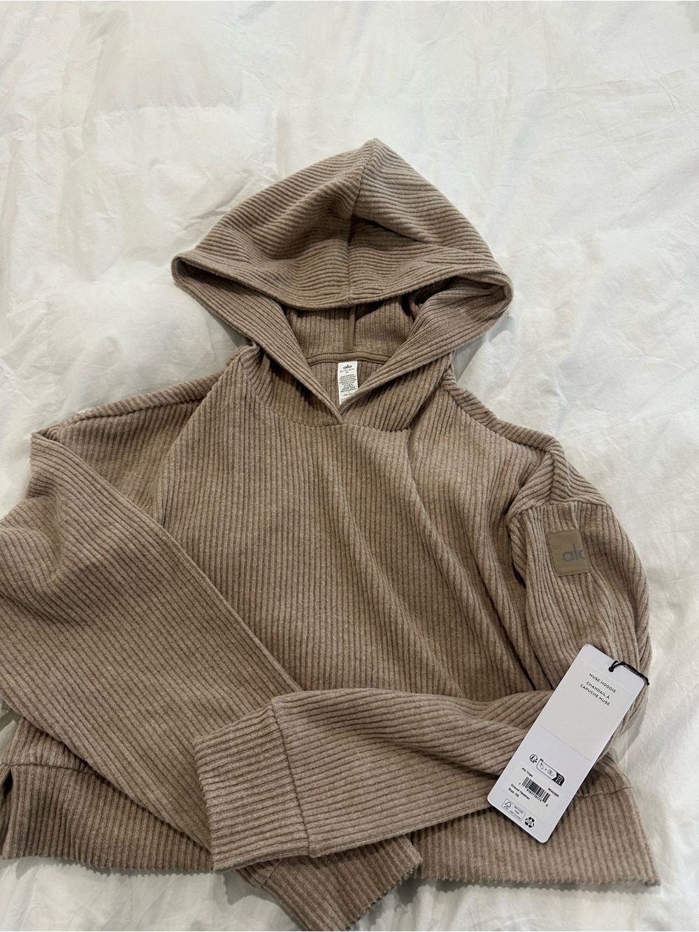 Alo men’s Ribbed Hoodie Sweater in Taupe